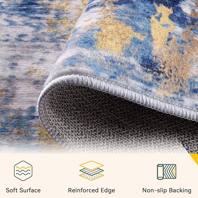 Washable Area Rugs 4'x6' Non-Slip Modern Abstract Soft for Living Room Entryway Bedroom Nursery, Print Pattern, Grey Blue Gold/Golden