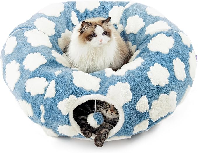 Lesure Cat Tunnel Bed for Indoor Cats - Cute Cat Donut Tunnel Toys for Small Large Cats with Washable Circle Cushion, Round Pet Peekaboo Cave Toy for Kitten/Puppy/Rabbit, Standard Cozy Clouds Blue