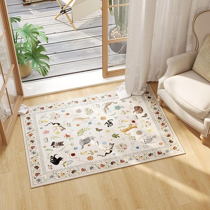 Rugcomf Door Mat Indoor Entrance 2x3 Rug Machine Washable Boho Floral Animal Cat Small Area Rug Non-Slip Low Pile Throw Rugs for Entryway Kitchen Front Door Indoor Entrance Entry Kids Room, Beige