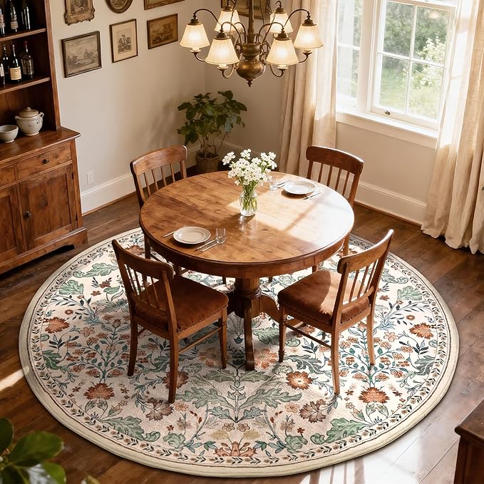 Floral Area Rug for Living Room: 6x6 Round Washable Soft Low Pile Thin Indoor Carpet, Non Slip Stain Resistant Vintage Flower Boho Accent Large Rugs for Bedroom, Dining, Home Office, Nursery - Beige