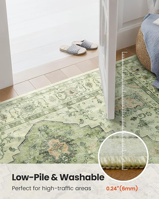 AMADA HOMEFURNISHING 9x12 Area Rug, Washable Low-Profile Large Area Rug with Non-Slip Backing & Durable Edge Binding, Vintage Large Rugs for Living Room, Bedroom