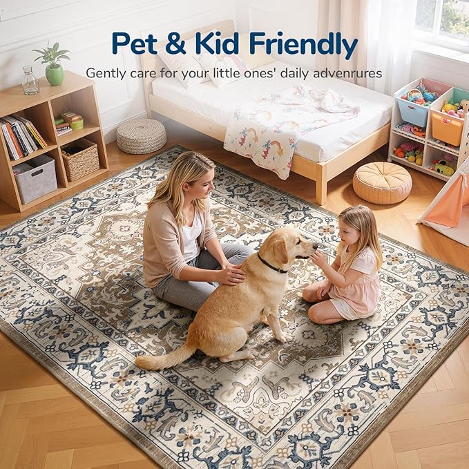 Lessymo Washable Area Rugs 6 x 9, Boho Area Rug Low Pile for Bedroom Living Room Kitchen, Ultra-Soft Faux Wool Vintage Area Rug with Non-Slip Rubber, Kid & Pet Friendly, Brown Beige