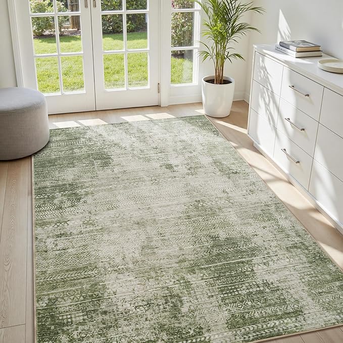 3 x 5 Rug Small Non Slip Machine Washable Rug Distressed Abstract Soft Indoor Carpet Neutral Boho Rug for Bedroom Living Room Entryway Kitchen Bedside, Green