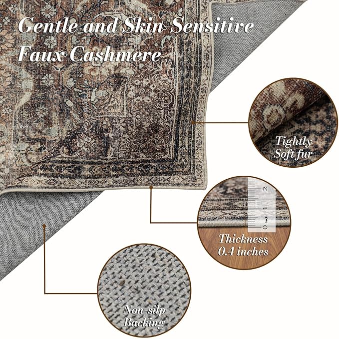 Area Rug 8횞10, Large Vintage Boho Rug,Ultra-Soft Low Pile, Washable, Non Slip,Stain Resistant, Printed Carpet for Living Room Bedrooms Playroom Office Kitchen, Oat/Antiquity