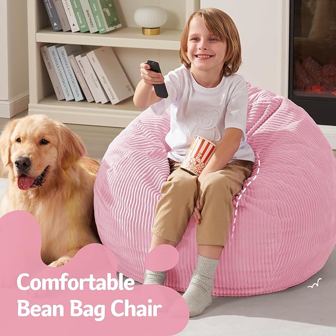 Homguava 2FT Bean Bag Chair,Teardrop Bean Bags Small Beanbag Chair with Memory Foam Filled and Ultra Soft Corduroy Cover for Living Room, Bedroom (Light Pink)