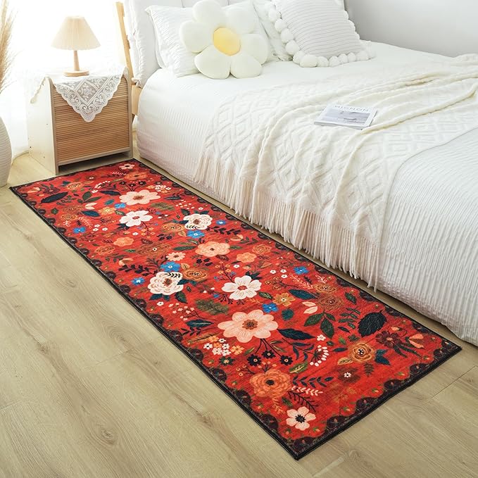 Rugcomf Runners for Hallways Kitchen Runner Rug Non Slip 2'x 10' Long Washable Rugs with Rubber Backing Soft Floral Carpet Runner for Hallways, Kitchen, Laundry, Bedroom, Bathroom(Red)