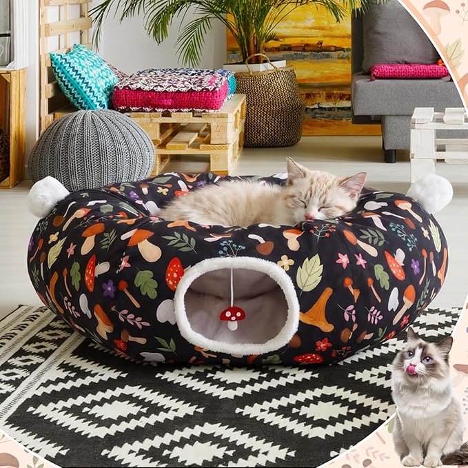 Aliceset Mushroom Spring Cat Tunnel Bed for Indoor Cats 3ft x 3ft x 10in Foldable Cat Donut Tunnel with Washable Cushion Mushroom Pet Peekaboo Cave Toy for Small Kitten Kitty