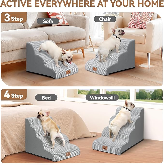 Dog Ramp and Stair for Bed 16" H-20 H,3-Step Cat Stair for Sofa and Chair,4-Step Dog Ramp for High Bed and Window,Durable Nonslip Fabric Cover for Indoor (Light Grey-16 H, Pet Friendly, 3)