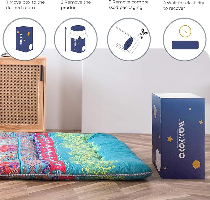 MAXYOYO Bohemian Futon Floor Mattress Boho Floral Style Japanese Tatami Mat Foldable Bed Portable Camping Sleeping Pad Lounger Couch Bed, Queen