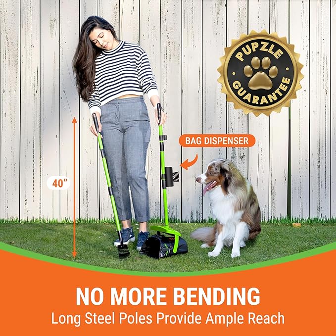Pupzle Dry & Wet Dog Pooper Scooper with Bag Attachment, 40" Long Handle Pooper Scooper for Large Dogs, Dog Poop Scoop for Yard, Large Capacity Swivel Bin and Rake, 75 Lavender Scented Bags