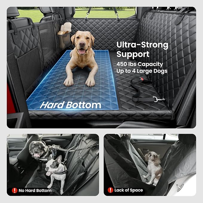 REEVAA Dog Truck Seat Cover for Back Seat, Hard Bottom Dog Hammock for Car, Pet Bed Extender for 2-4 Large Dogs, Waterproof Seat Protector, Universal XL Size Fits for Crew Cab Truck/SUV, Black
