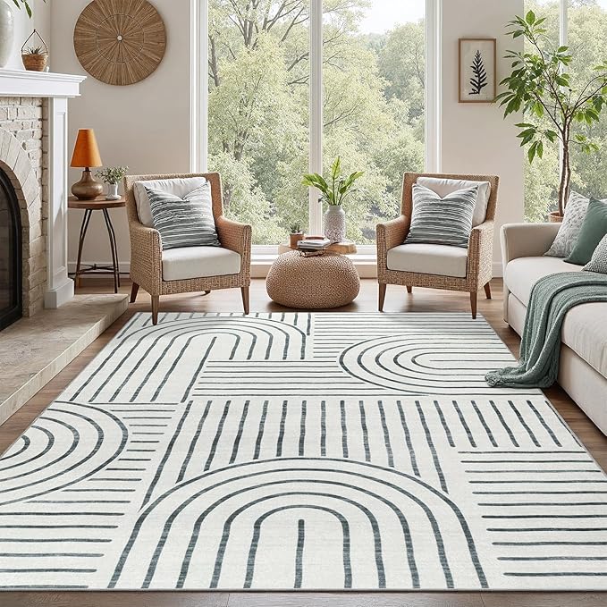 DCX Abstract Machine Washable 4x6 Rug, Gray Modern Accent Rug for Living Room, Soft Low Pile Non Slip Carpet, Kid & Pet Friendly Stain Resistant Rug for Bedroom Dining Room Office