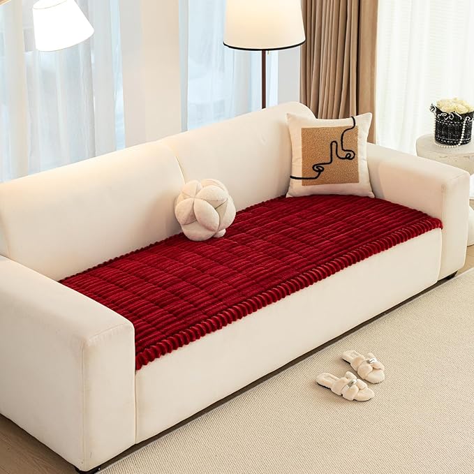 Christmas Faux Fur Plush Dog Couch Cover, 3D Stripe Fuzzy Sofa Covers, Non-Slip Fluffy Dog Bed Cover Pet Blanket, Washable Furniture Protector for Puppy Cat (Red,28"x70")