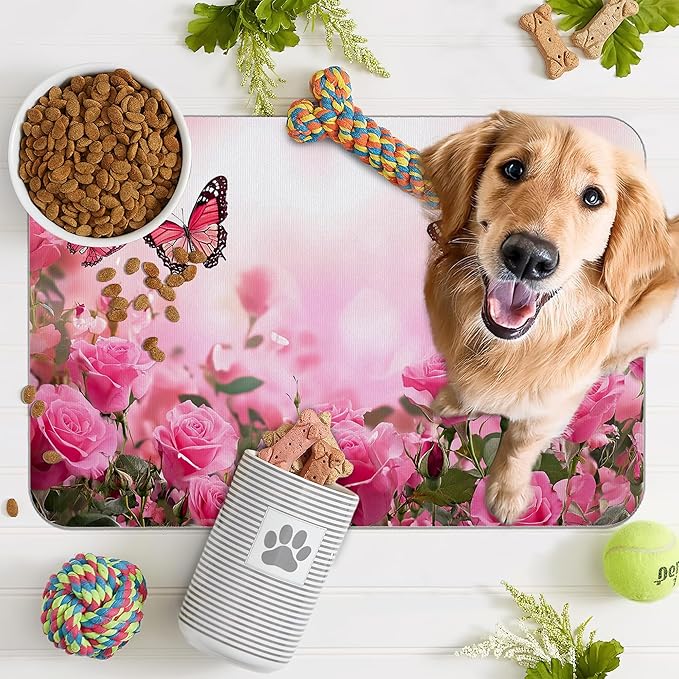 Rose Pink Dog Cat Food Mat,Butterfly Absorbent Pet Feeding Mat for Food and Water,Non-Slip Dog Bowl Mats Floor Protector 16"x24"
