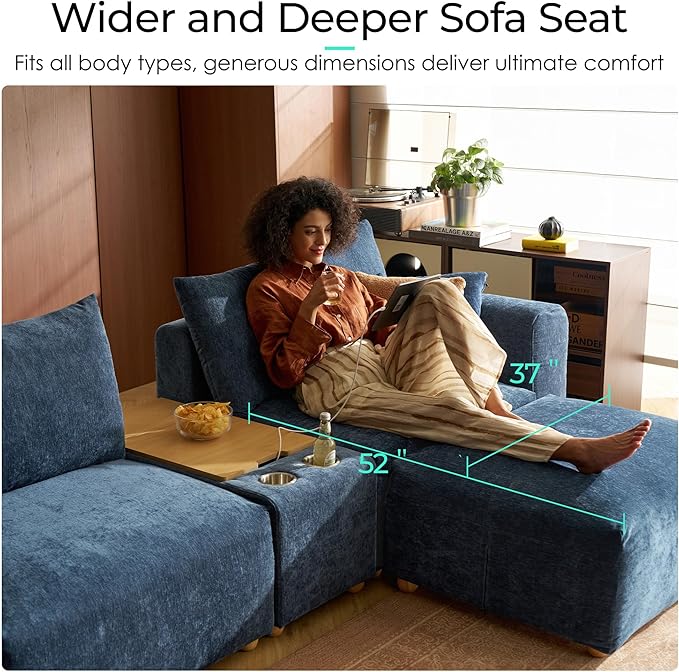 LINSY HOME Cloud Couch Sectional, Modular Sofa Sectionals for Living Room Bedroom, 91" L Shape Love Seat Couch with Ottoman, 2 Seater Deep Seat Cozy Couch Luxury Chenille Sofas, Blue