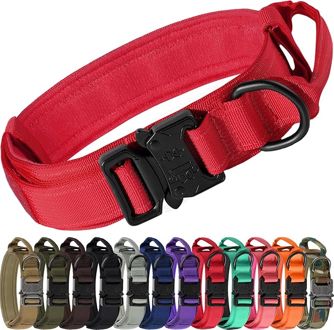 Joytale Tactical Dog Collar with Handle, Adjustable Heavy Duty Military Collar with 2 Patches for Training, Suitable for Medium Dogs, Red, M