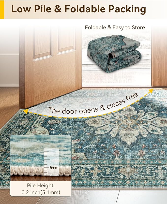Area Rugs 2'x9' Runner Rug Non Slip Washable for Kitchen Hallway Bedroom Beside Laundry Room Bathroom Rug, Floor Carpet, Dark Blue Vintage
