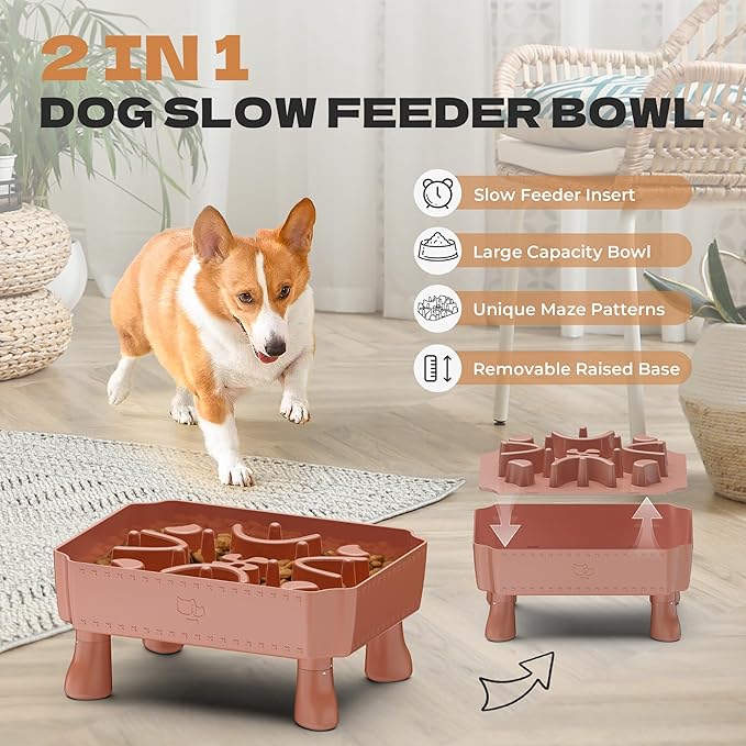 UPSKY Slow Feeder Dog Bowl, 2-in-1 Raised Dog Bowl with Anti-Choking Maze Puzzle, 2-6 Cups Pet Food for Small & Medium Breeds, Interactive Pet Feeder to Slow Eating, Reduce Boredom Pink