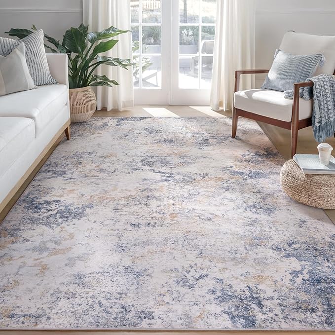 Area Rug Living Room Washable Rugs: 5x7 Modern Neutral Abstract Low Pile Non Slip Floor Carpet - Large Soft Thin Stain Resistant Rug for Bedroom Dining Indoor Office Home, Blue Glod
