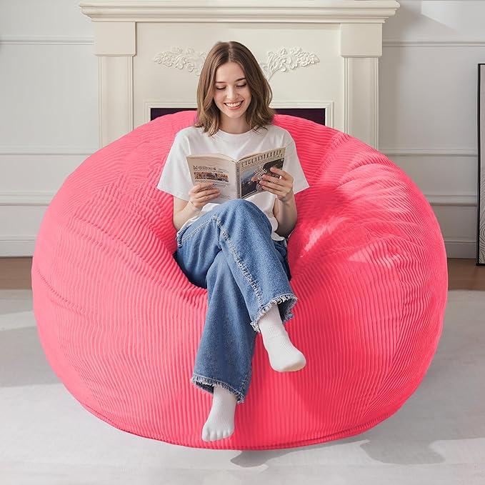 Homguava 5FT Bean Bag Chair for Adults,Teardrop Giant Bean Bags Big Beanbag Chair with Memory Foam Filled and Ultra Soft Removable Corduroy Cover for Living Room, Bedroom (Pink)