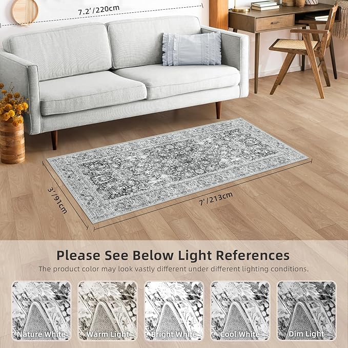 Grey Rug Runner 3x7 Ft Washable Hallway Runner Rug Runner Non-Slip Boho Vintage Runner Rugs with Rubber Backing Soft Distressed Carpet for Kitchen Bedroom