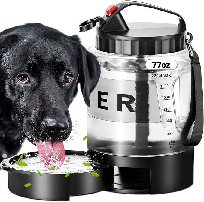 77oz Large Dog Water Bottle - Portable Travel Dog Water Dispenser & Bowl - Leak-Proof Pet Water Jug for Hiking, Camping, Walking & Car Trips, Black