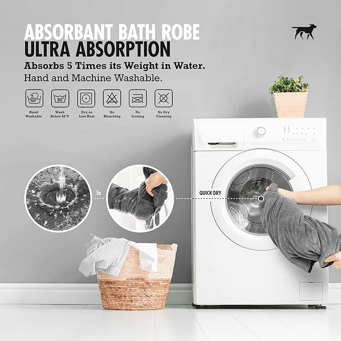 Tuff Pupper Fast Drying Dog Bath Robe | 800 GSM Plush Dog Towel Bathrobe/Dressing Gown | Super Absorbent Pet/Puppy Bathrobe | Adjustable Hood & Belly Strap | Super Soft | Fast Drying (L, Gray)
