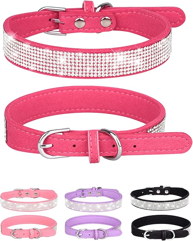 Bling Dog Collar for Small Medium Large Dogs, Rhinestone Dog Collars for Girl and boy Dog, Diamond Puppy Collars, Adjustable Leather Suede SOFE Cat Collar (XS(8.2"-10.6"/21CM-27CM), Rose Red1)
