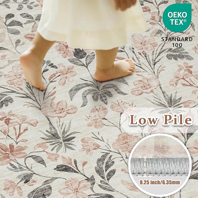Area Rugs 9x12 Living Room: Lagre Boho Living Room Rug Soft Non-Slip Thin Carpet Indoor Floor Non-Shedding Neutral Floral Carpets for Bedroom Dining Room Farmhouse Nursery Pink