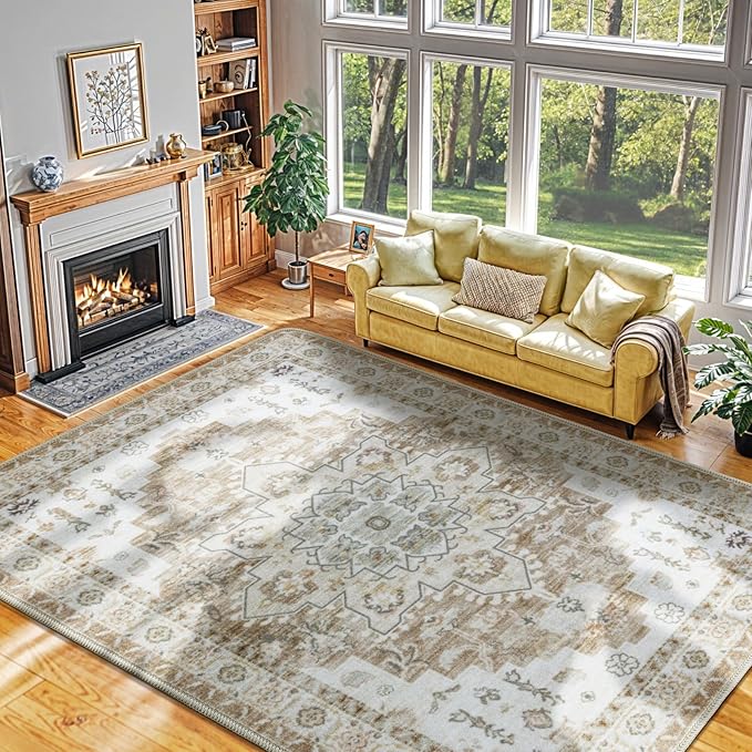 LBRO2M Boho Area Rug 8X10 Washable Rugs for Bedroom Low Piles Indoor Carpet, Non Slip Soft Rug for Living Room, Dining Room, Cream Rug Foldable Pet Friendly Area Rugs Stain Resistant (8'X10' Cream)