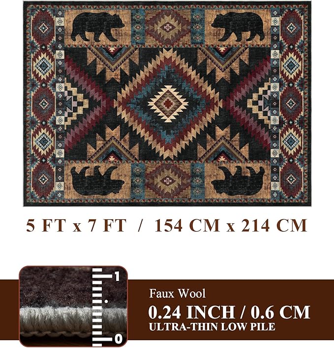 YIHOUSE Rustic Cabin Area Rug for Bedroom 5x7,Machine Washable Lodge Bear Rug,Non-Slip Low Pile Print Pattern Western Rug for Living Room