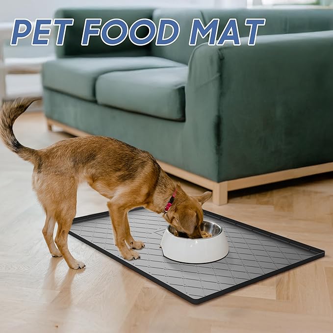 URMONA Large Dog Food Mat, 28" x 22" Pet Food Mat, Waterproof Dog Cat Food Mat with Raised Edges, Silicone Pet Food Mat, Dog Accessories, Prevents Food Spills, Protects Floors（Dark Gray）