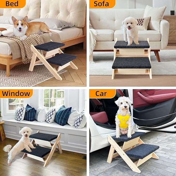 Dog Stairs/Ramp for Bed, Wooden Convertible Pet Steps, Portable Dog Step Up to 180 Pound for Elderly/Short-Legged Dogs, 2 Steps for Beds, Couch, Cars