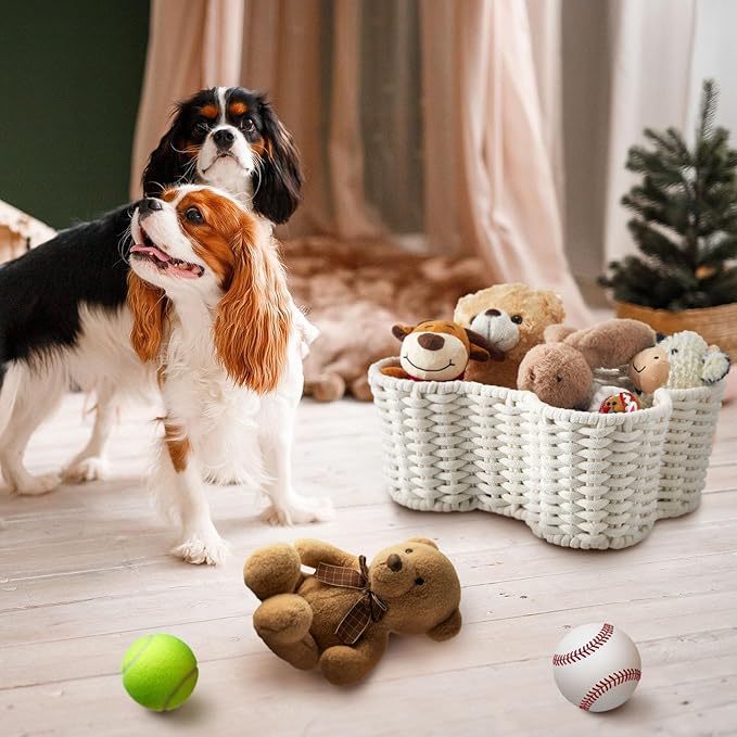Barydat 2 Pcs Dog Toy Basket Dog Toy Bin Bone Shaped Handmade Pet Organizer for Pet White Cotton Rope Basket (16.5 x 12.4 x 6.89 and 13.39 x 9.25 x 5.4)