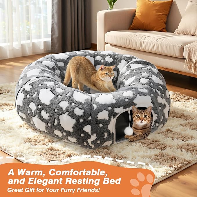 Cat Tunnels for Indoor Cats, 35'' Plush Cat Tunnel Bed with Playful Ball and Circle Cushion, Multifunctional Peekaboo Cat Cave, Interactive Toy Gift for Cats, Kittens, Rabbits, Gray&Cloud