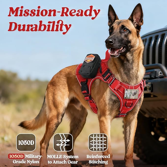 rabbitgoo Tactical Dog Harness for Extra Large Dogs, No Pull Upgraded Reflective Heavy Duty Molle Vest with Handle, Adjustable Military Service Dog Vest for Walking Hiking Training, Red, XL
