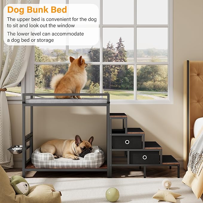 Pet Window Perch with 360° & Adjustable Raised Feeder, Pet Bunk Bed with Stairs and Storage, Dog Beds Attachment to Human Bed, Bedside Dogs Cot for Small, Medium Cats & Dogs