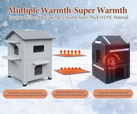 Insulated Heated Cat House for Outside Winter Weatherproof Plastic Cats Houses with Escape Door, 2-Story Indoor Waterproof Feral/Pet Cat Shelter Outside for Multiple Cats, Grey