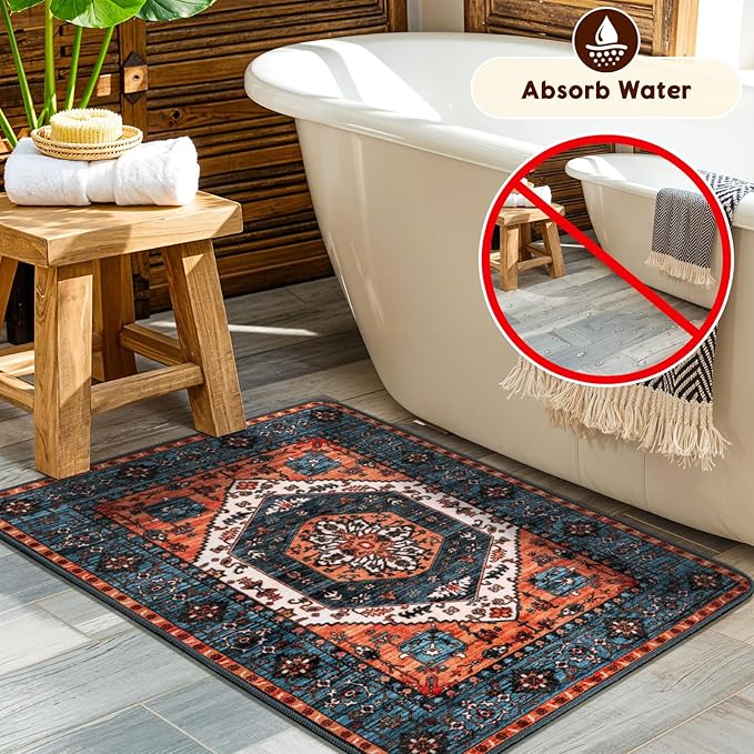 LBRO2M Rug for Entryway Indoor 2X3 Washable Rug Boho Design Door Carpet Throw Rugs for Kitchen Bathroom Non Slip Pet Friendly Area Rugs (2X3, Rust Teal)