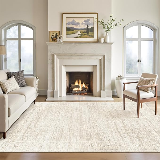 6x9 Area Rugs for Living Room, Washable Neutral Rugs for Bedroom, Floral Vintage Non-Slip Soft Throw Carpet for Dining Room Farmhouse (Beige/Cream, 6'x9')