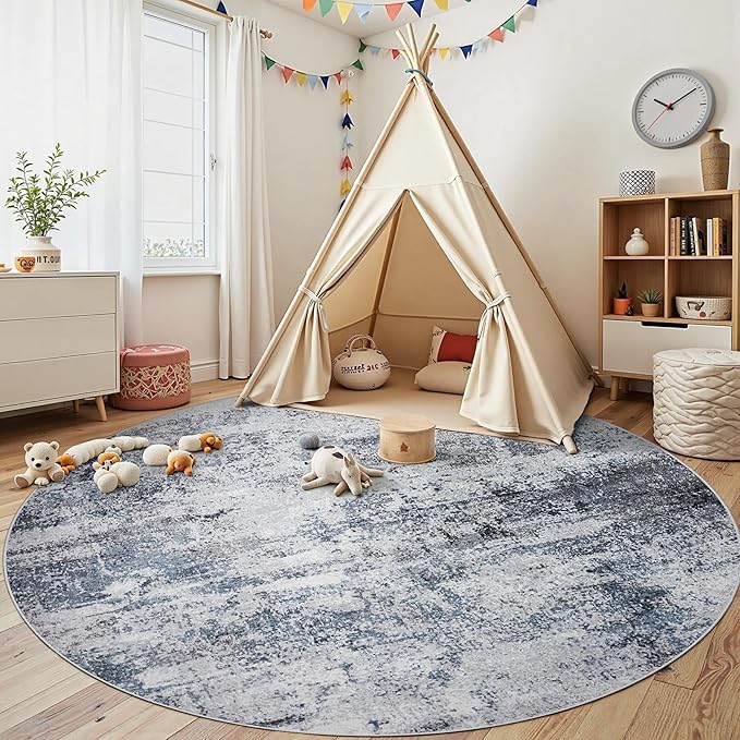 Round Rug 8ft Circle Rug Washable: Carpet Circular Area Rug for Entryway Kitchen Bedroom Dining Room Living Room Large 8 Feet Abstract College Dorm Non Slip Low Pile Blue Grey