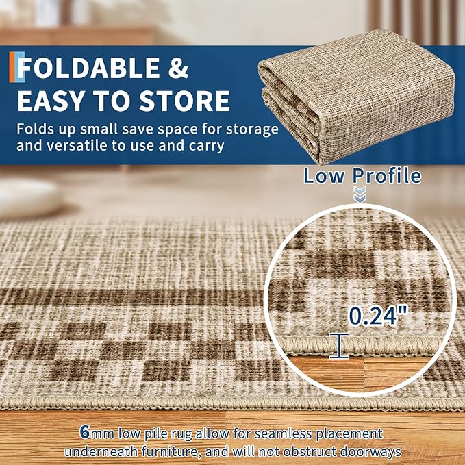 Small Bedroom Area Rug 3x5 Checkered Area Rug for Living Room Nursery Non Slip Kitchen Throw Carpet Low Pile Modern Bordered Rugs Washable Bathroom Mat Soft Brown Rugs for Laundry Entryway, Taupe