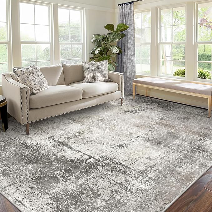 Area Rugs 8x10 Machine Washable Rug for Bedroom Living Room Dining Room, Large Modern Abstract Soft Rugs, Indoor Low Pile Carpet with Non Slip Rubber Backing, Abstract Gray