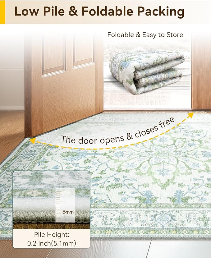 Area Rugs 3'x5' Washable Non-Slip, Floral Vintage Distress Print Pattern Medallion Carpet for Living Room Bedroom Dining Room, Green White Blue