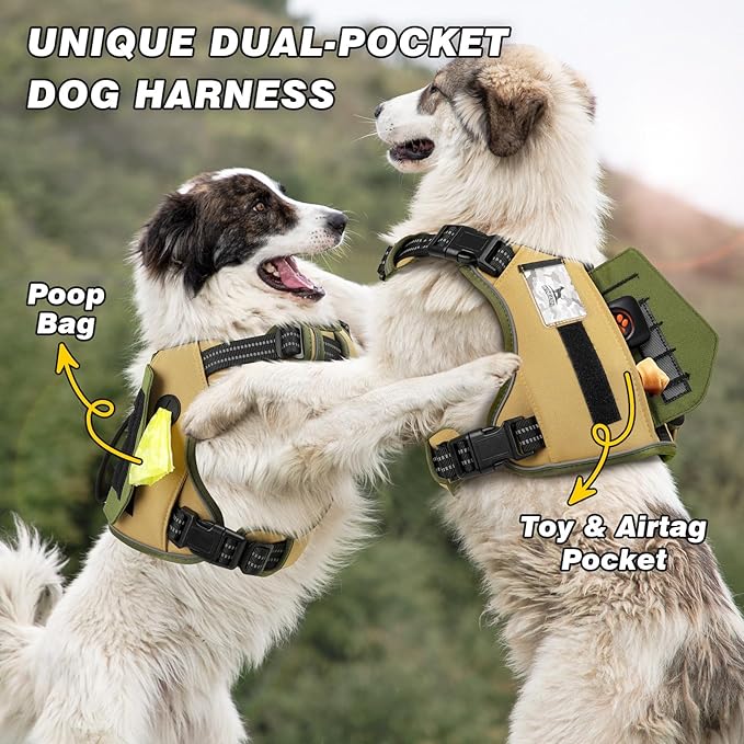 WINGOIN Tactical Dog Harness for Medium Dogs, No Pull Harness with Handle 2 Pockets Poop Bag, Reflective Dog Vest, Military Service Heavy Duty Big Dog Harness for Walking Hiking Training (Khaki, M)