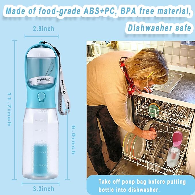 Dog Water Bottle with Food Container & Poop Bag Holder, Travel Water Bowl, Portable Pet Dispenser, Dog Gifts Stuff Accessories Items, Puppy Essentials for Yorkie Chihuahua Walking Hiking