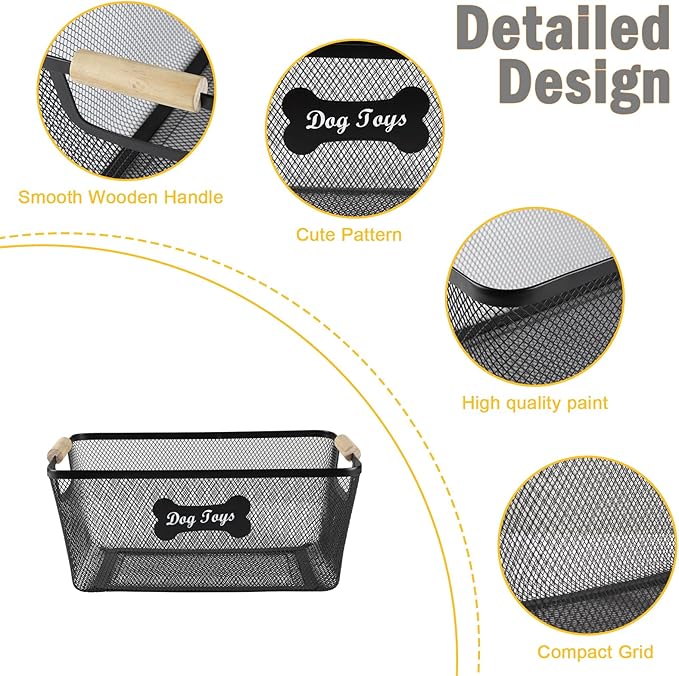 Sturdy Dog Toys Basket,14''x9''x6'' Metal Dog Toy Bin,Mesh Wire Basket with Wooden Handles for Dog Toys,Dog Toy Organization & Storage,Ideal for Dog Leash,Blanket,Toys,Snacks-Black