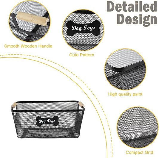 Sturdy Dog Toys Basket,14''x9''x6'' Metal Dog Toy Bin,Mesh Wire Basket with Wooden Handles for Dog Toys,Dog Toy Organization & Storage,Ideal for Dog Leash,Blanket,Toys,Snacks-Black