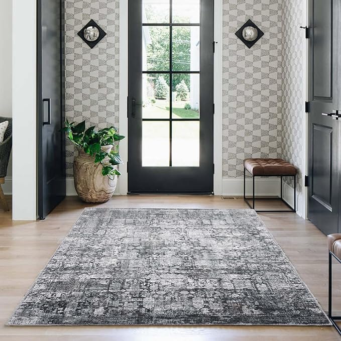 Area Rug 6횞9, Large Vintage Boho Rug,Ultra-Soft Low Pile, Washable, Non Slip,Stain Resistant, Printed Carpet for Living Room Bedrooms Playroom Office Kitchen, Dark Stone