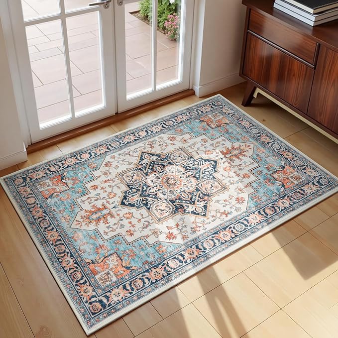 Lessymo Washable 2×3 Small Area Rugs for Entryway Bathroom, Soft Kitchen Rug Non-Slip Carpet Indoor Door Mat for Floor, Vintage Boho Low Pile Rugs for Entry Bedroom Nursery Home Decor, Orange/Blue